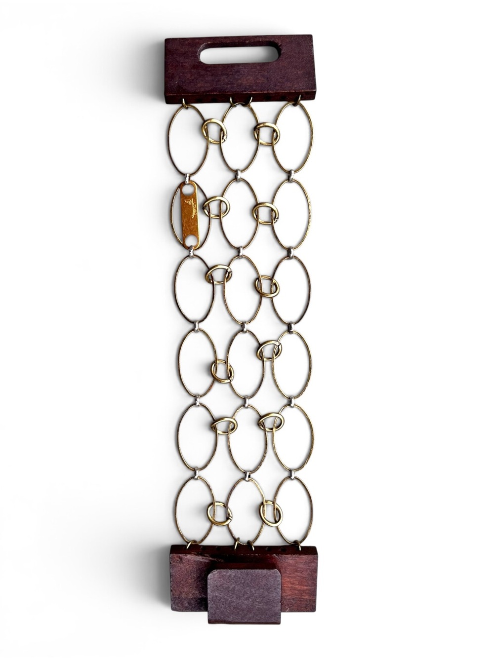 Brass Chainmail Bracelet With Cherry Stained Wooden Toggle Clasp